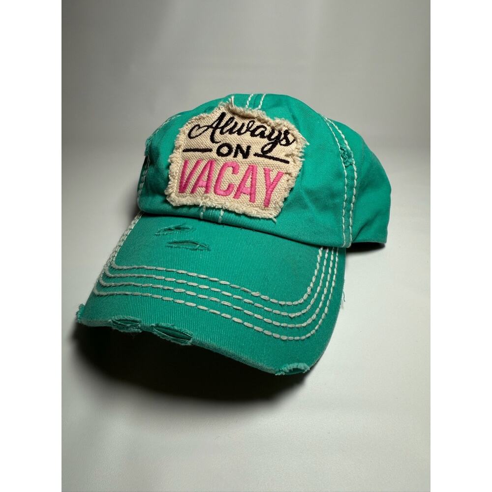 Always On Vacay Baseball Cap Aquamarine Adjustable Distressed KB ETHOS Retro